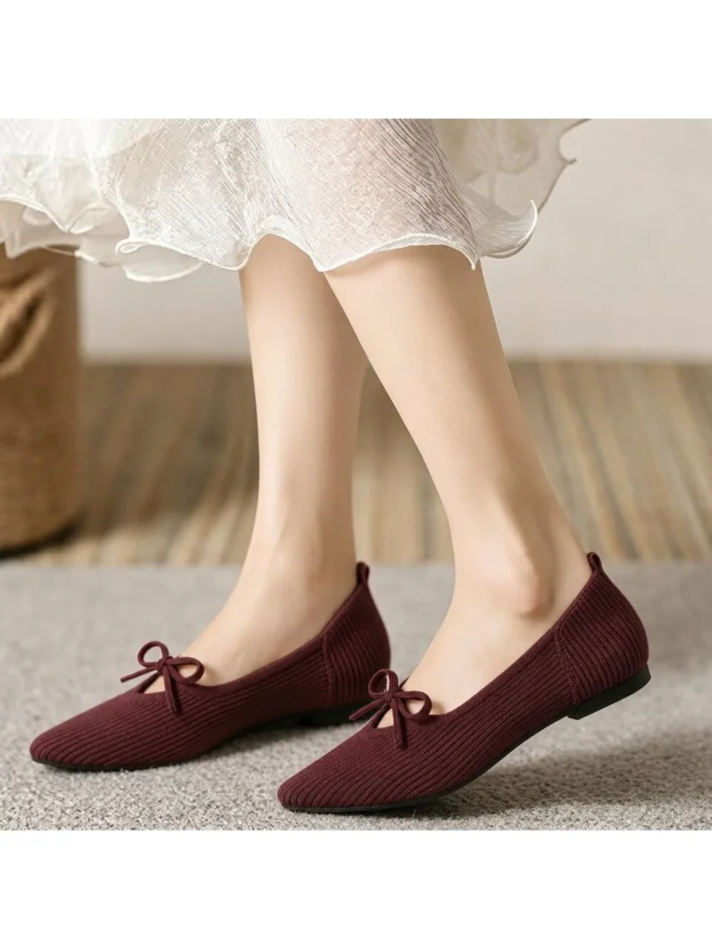 Women's Burgundy Pointed Toe Flats Comfortable Knit Ballet Shoes Washable Dressy